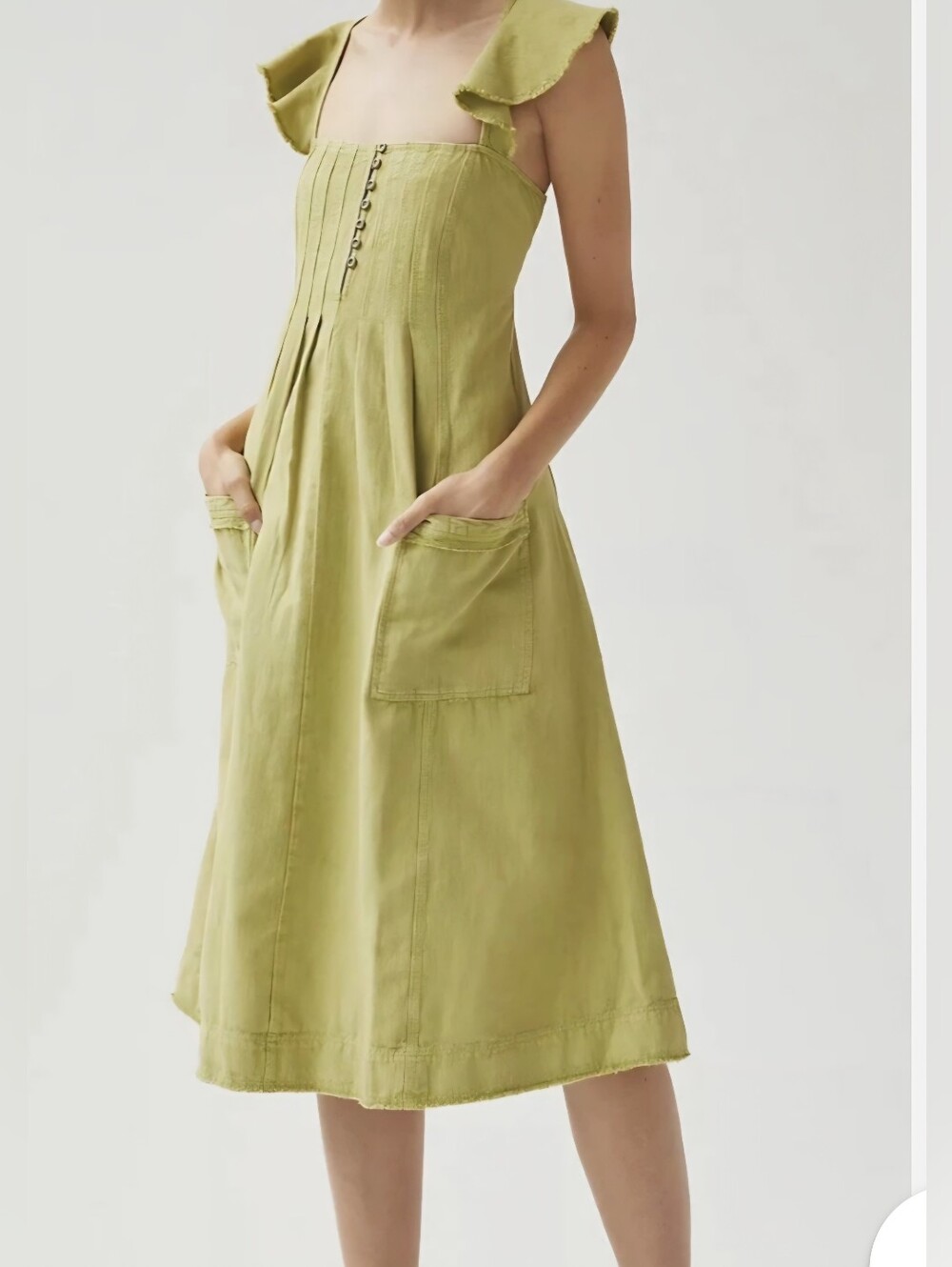 Anthropologie /Pilcro Sleeveless Olive Green Midi Dress with Pockets, Size S.